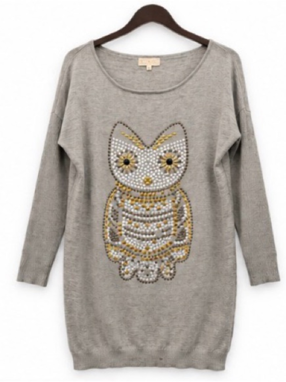 Embellished Owl Crewneck Sweater (Tunic Length) in Gray